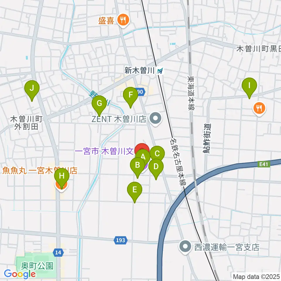 一宮市木曽川文化会館 尾西信金ホール周辺のカフェ一覧地図