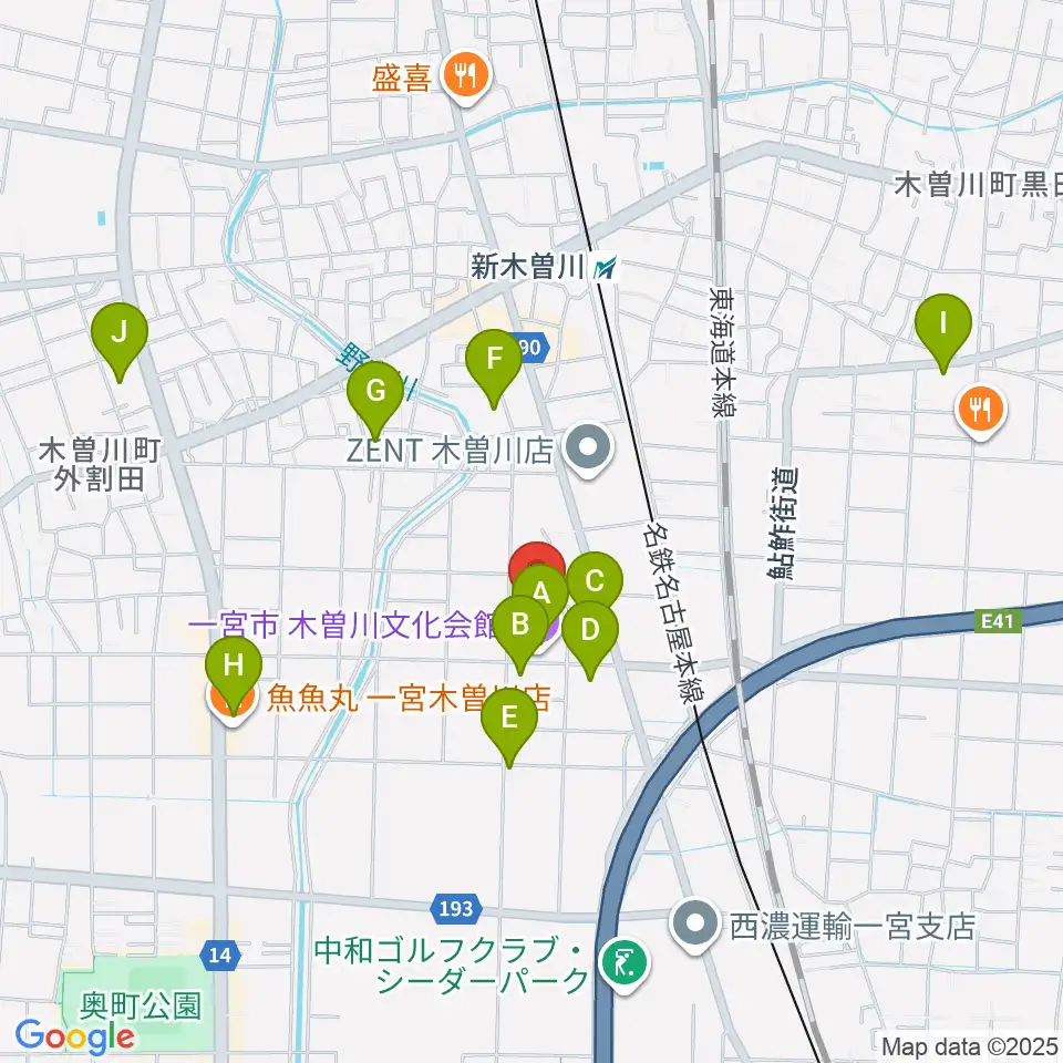 一宮市木曽川文化会館 尾西信金ホール周辺のカフェ一覧地図