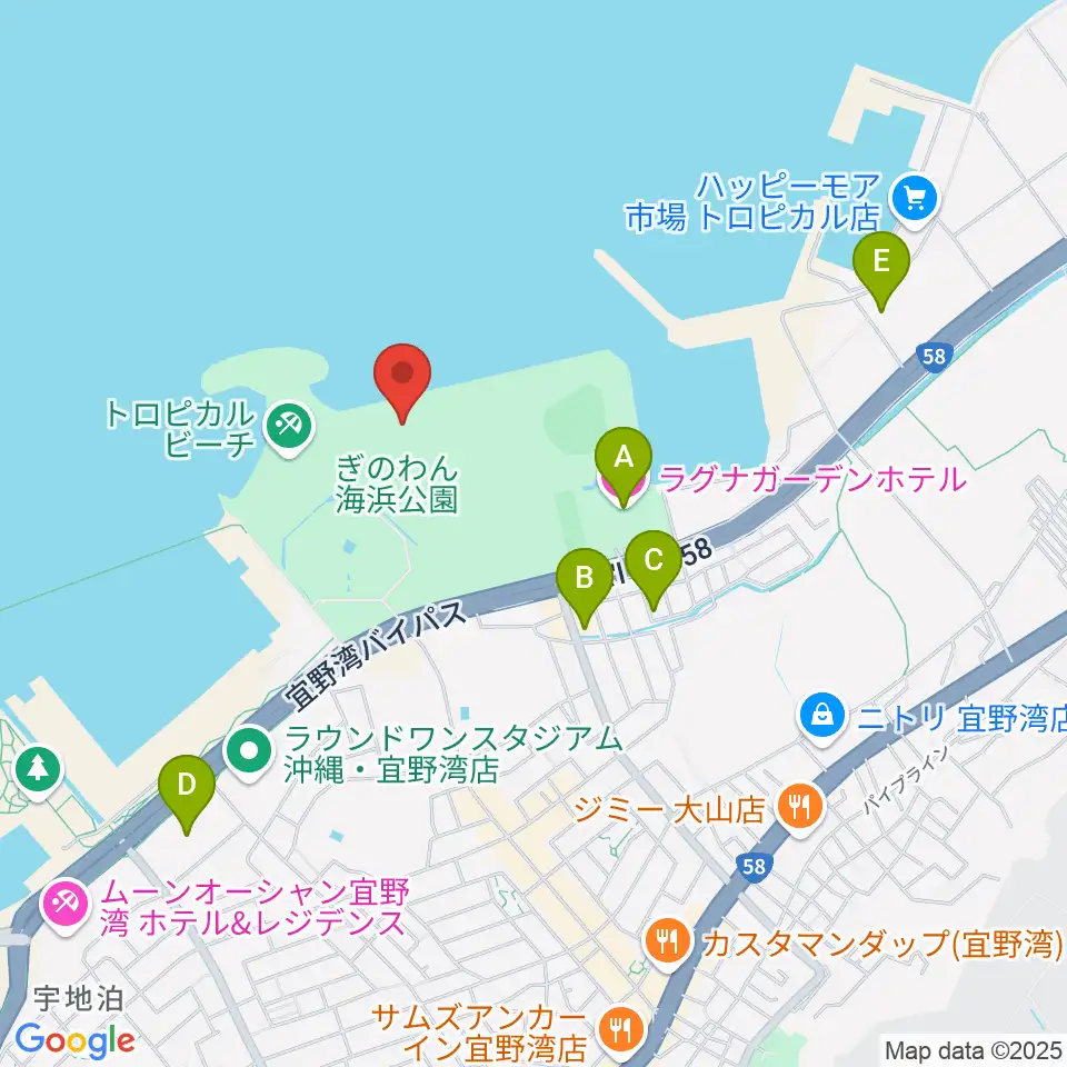 ぎのわん海浜公園屋外劇場周辺のカフェ一覧地図