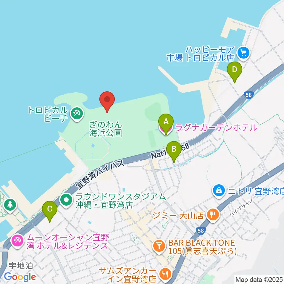 ぎのわん海浜公園屋外劇場周辺のカフェ一覧地図