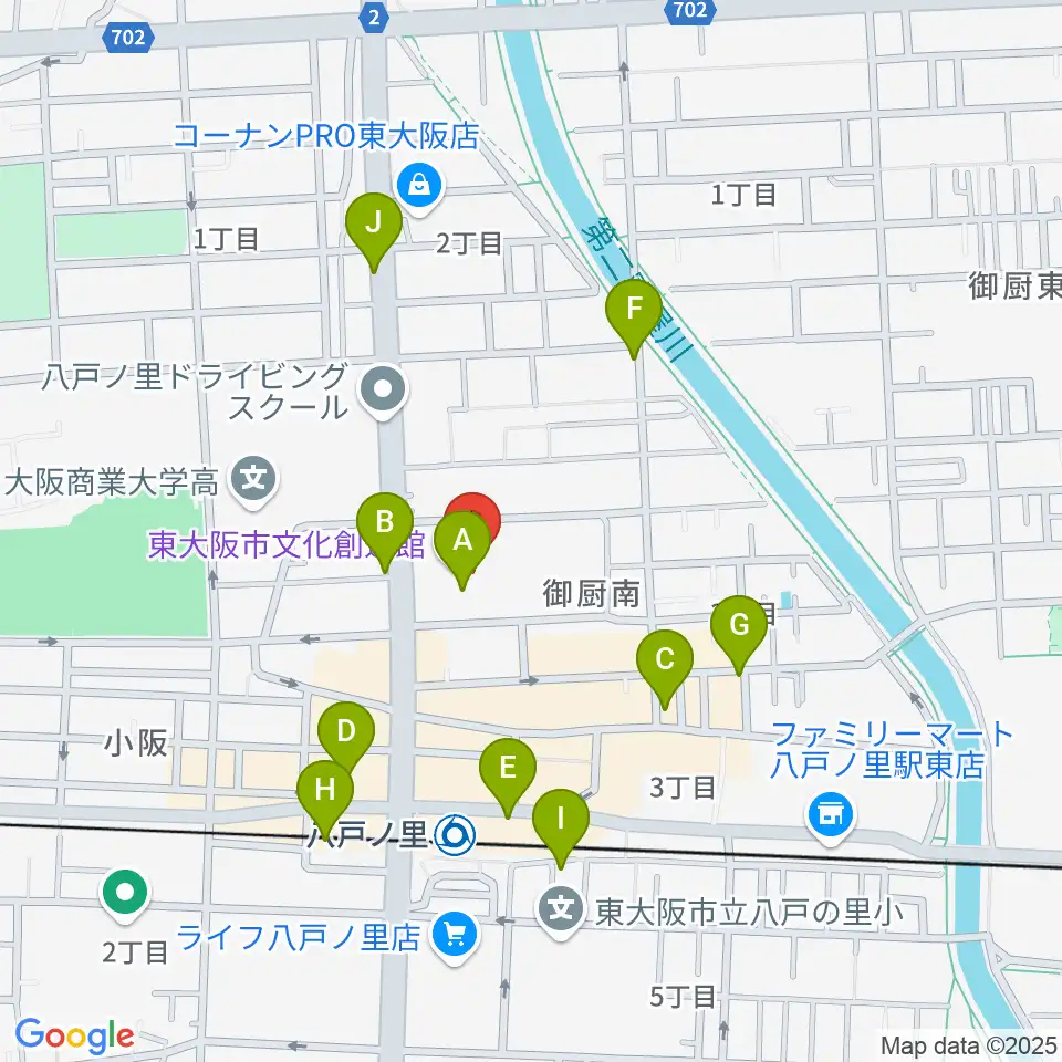 東大阪市文化創造館周辺のカフェ一覧地図