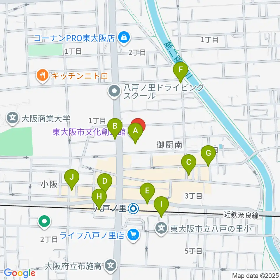東大阪市文化創造館周辺のカフェ一覧地図
