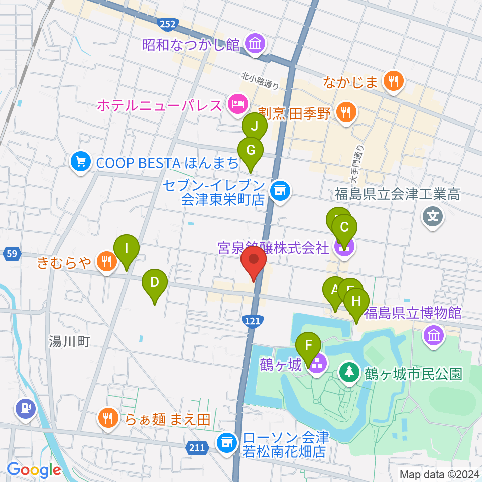 会津若松 まるギター教室＆ベース、ウクレレ周辺のカフェ一覧地図