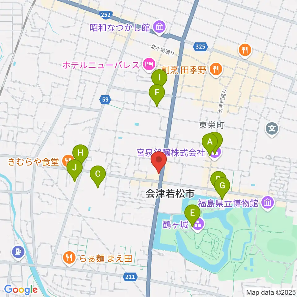 会津若松 まるギター教室＆ベース、ウクレレ周辺のカフェ一覧地図