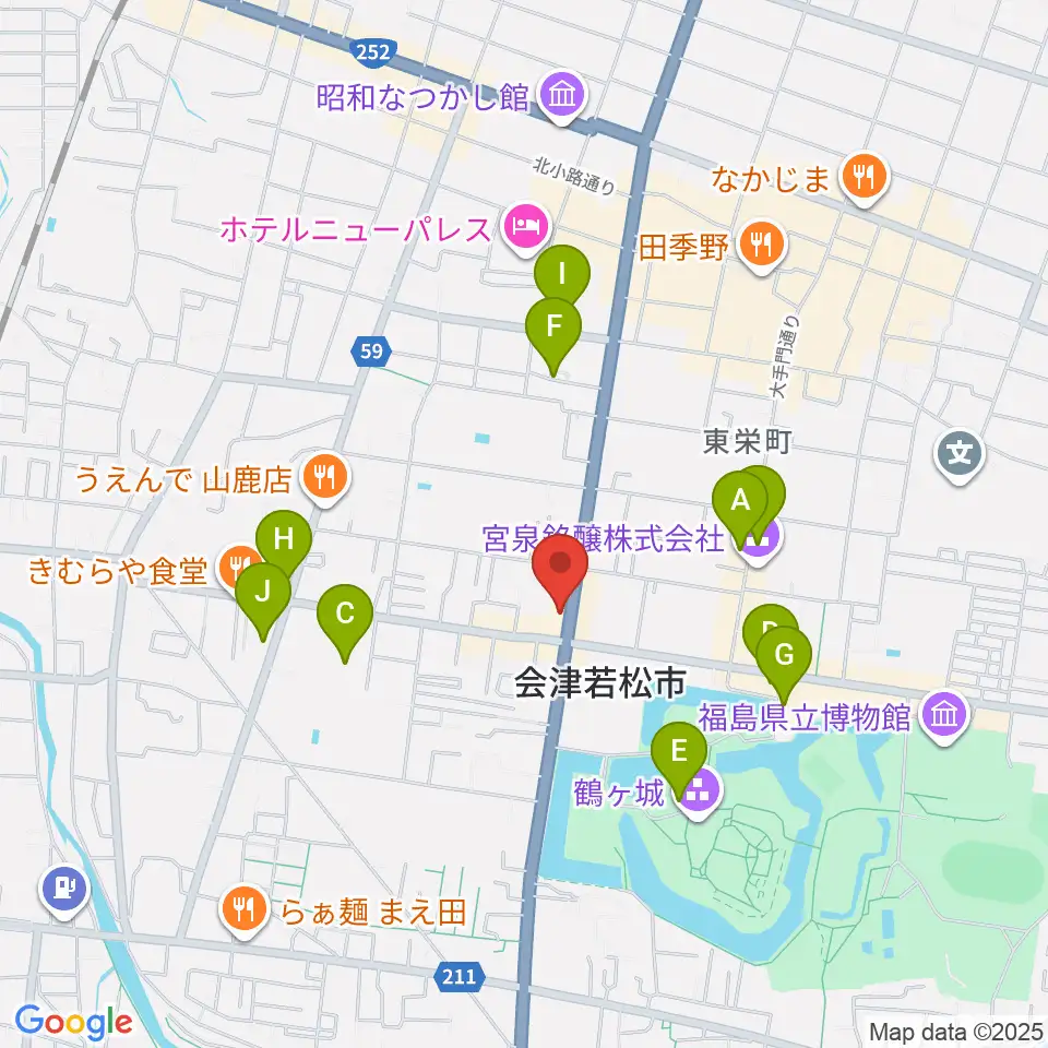 会津若松 まるギター教室&ベース、ウクレレ周辺のカフェ一覧地図