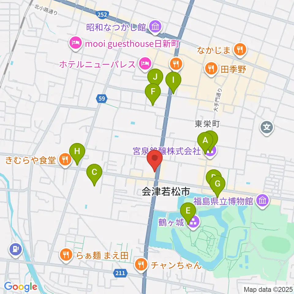 会津若松 まるギター教室＆ベース、ウクレレ周辺のカフェ一覧地図