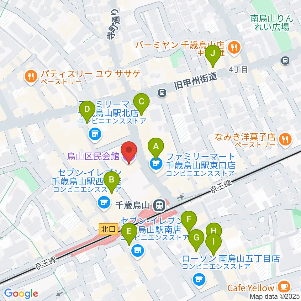 烏山区民会館周辺のカフェ一覧地図