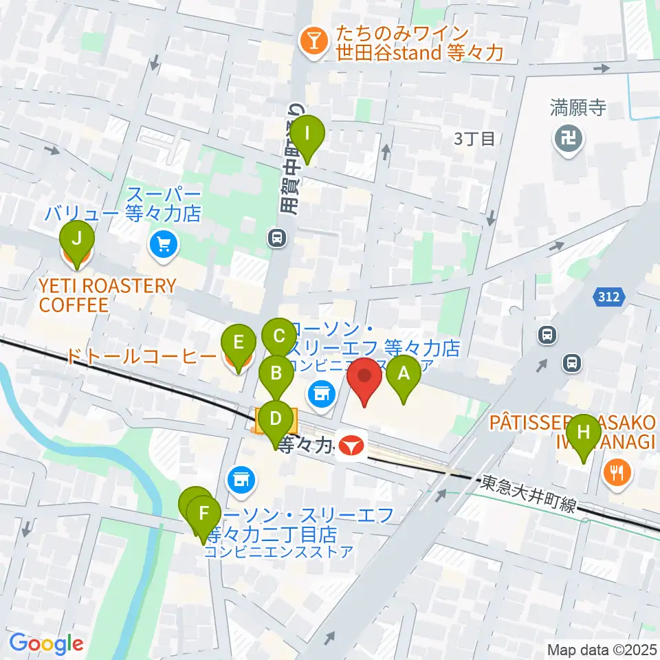 玉川せせらぎホール（玉川区民会館）周辺のカフェ一覧地図