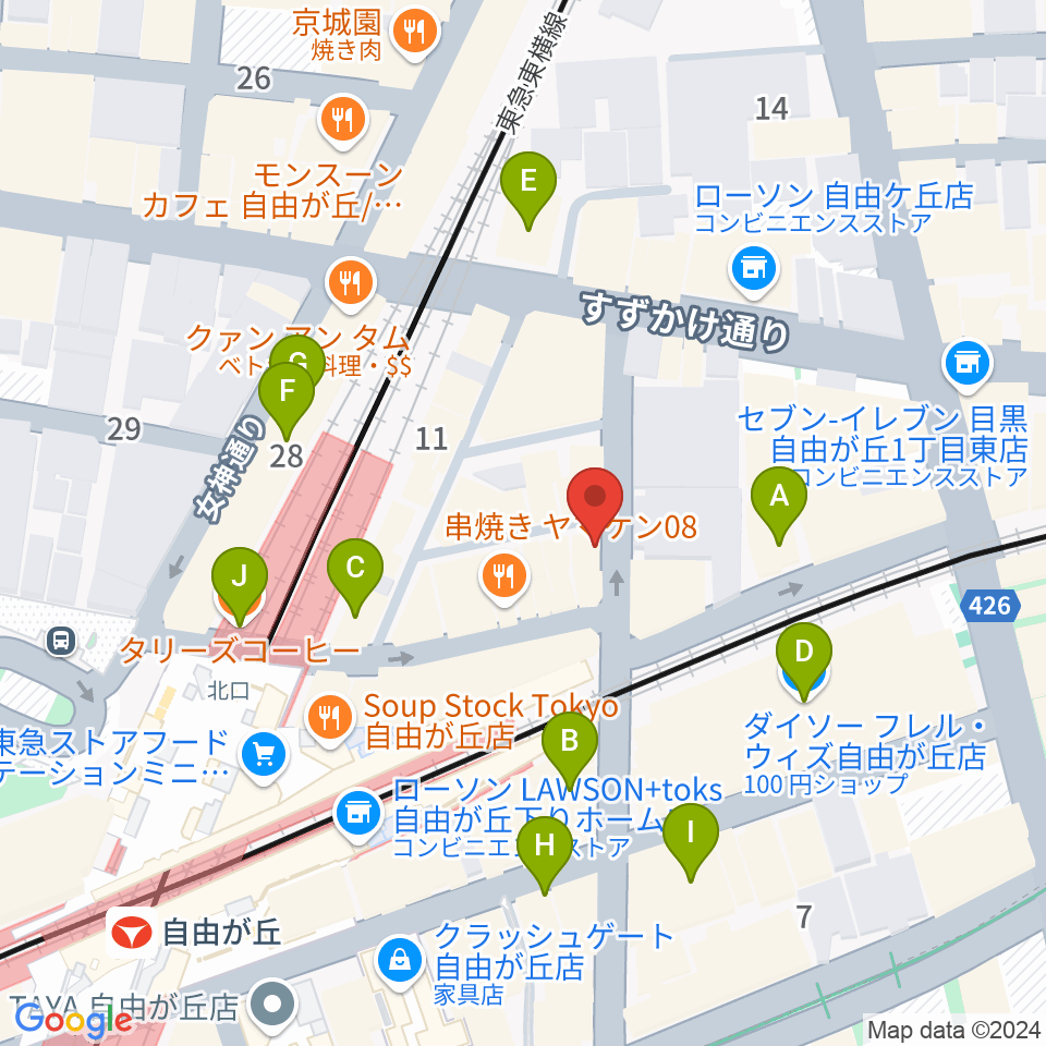 自由が丘グランチェルト周辺のカフェ一覧地図