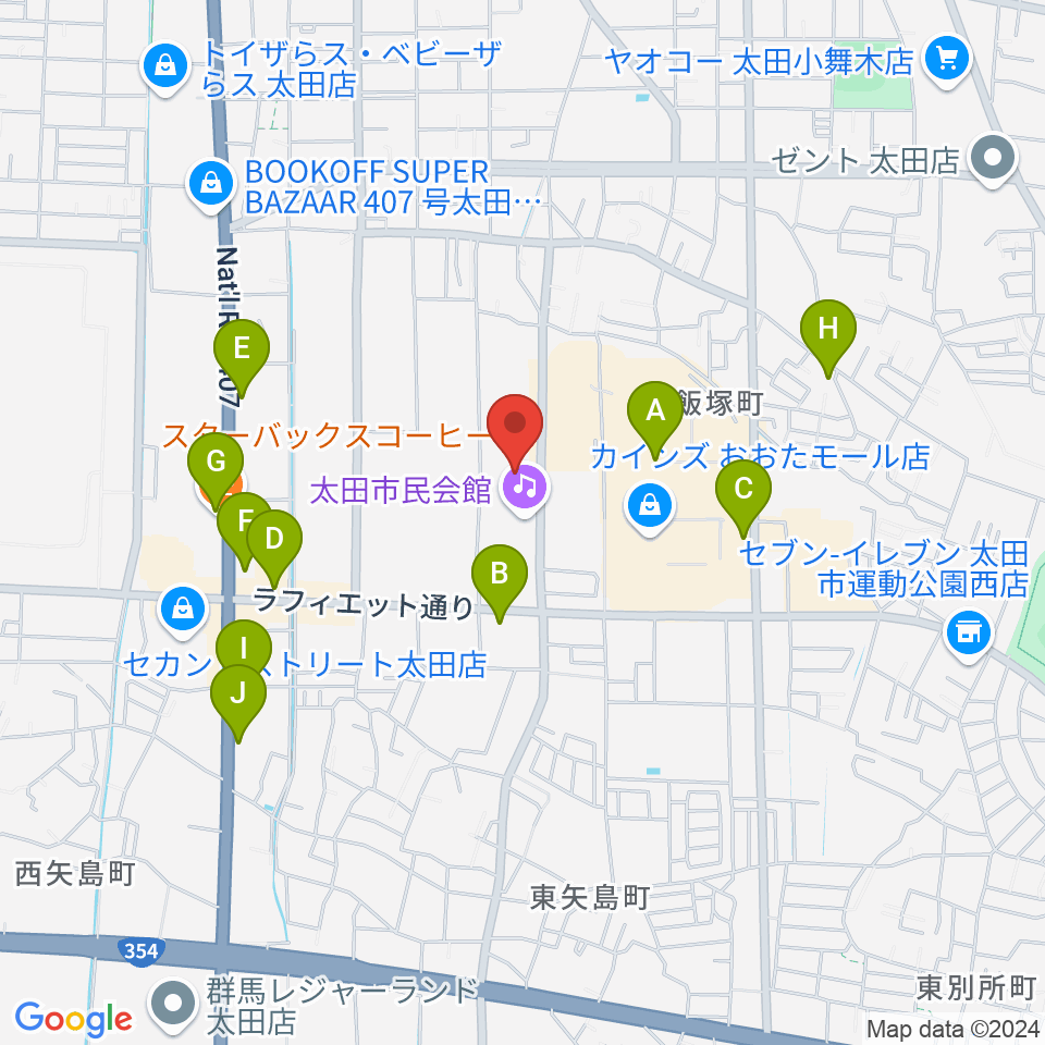 太田市民会館周辺のカフェ一覧地図