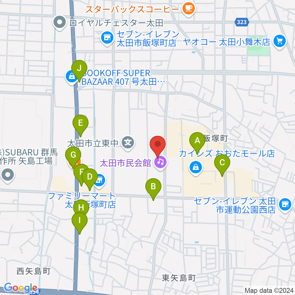 太田市民会館周辺のカフェ一覧地図