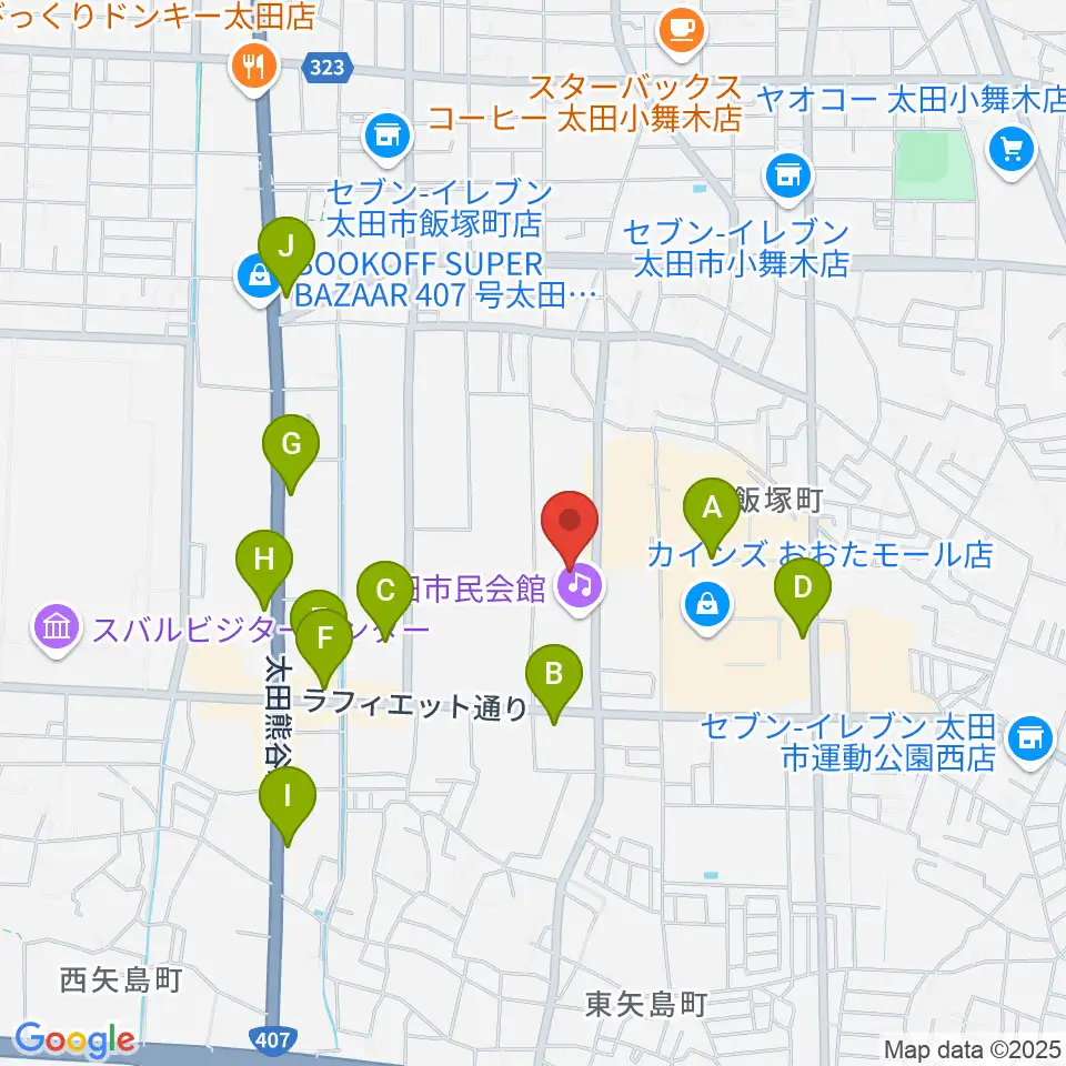 太田市民会館周辺のカフェ一覧地図