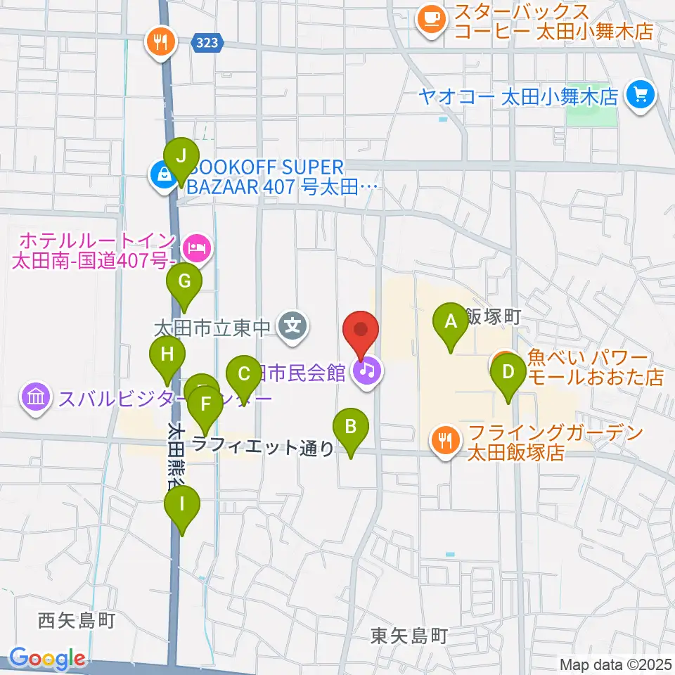 太田市民会館周辺のカフェ一覧地図