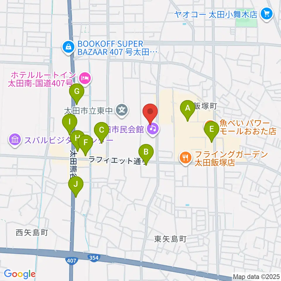 太田市民会館周辺のカフェ一覧地図