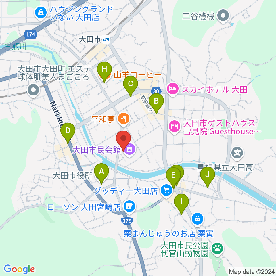 大田市民会館周辺のカフェ一覧地図