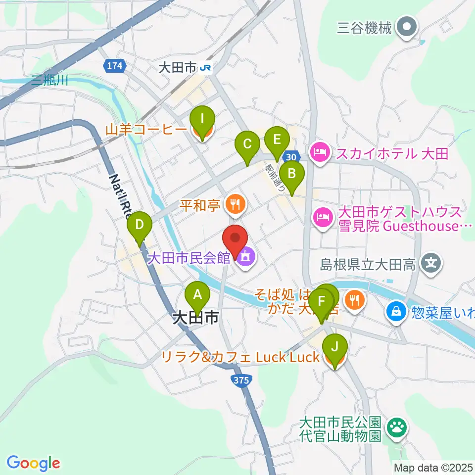 大田市民会館周辺のカフェ一覧地図