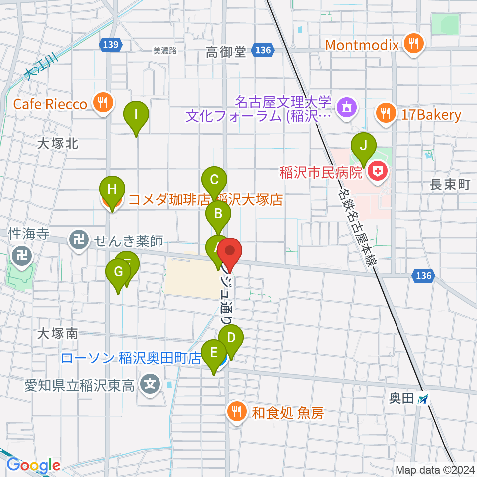 ピアノ教室luce 稲沢教室周辺のカフェ一覧地図