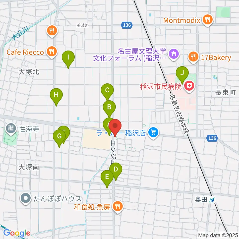 ピアノ教室luce 稲沢教室周辺のカフェ一覧地図