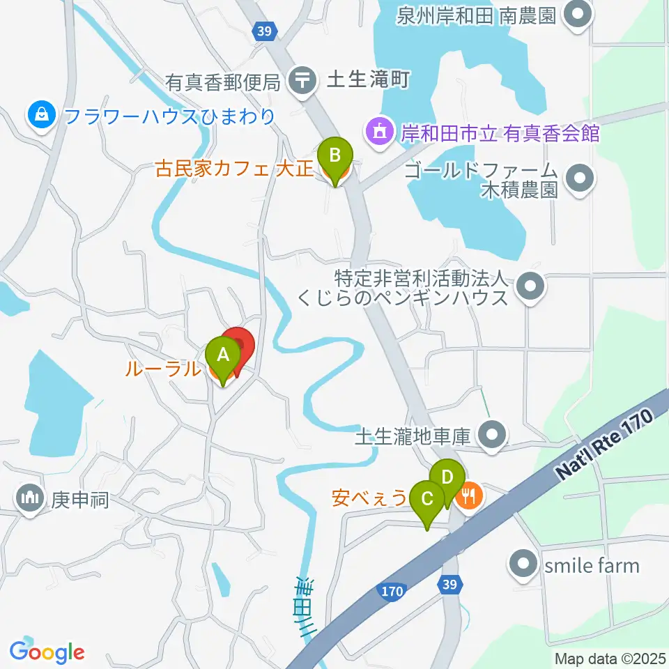 岸和田 むくの木ホール周辺のカフェ一覧地図