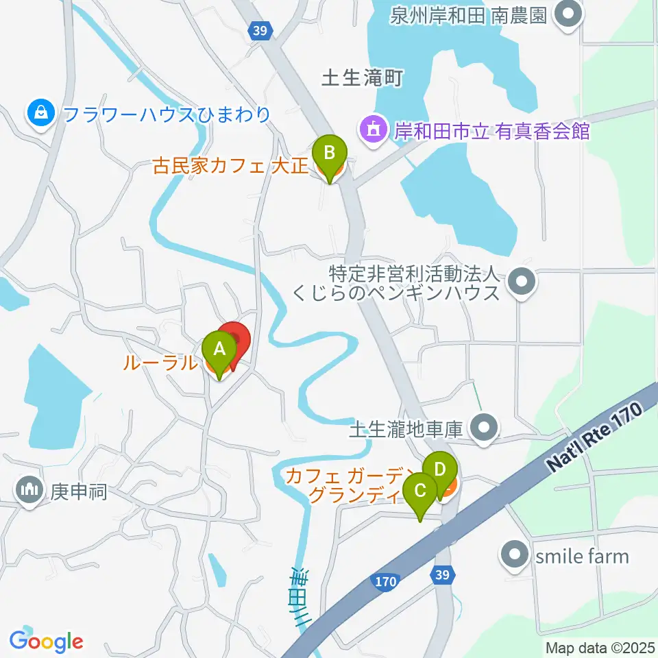 岸和田 むくの木ホール周辺のカフェ一覧地図