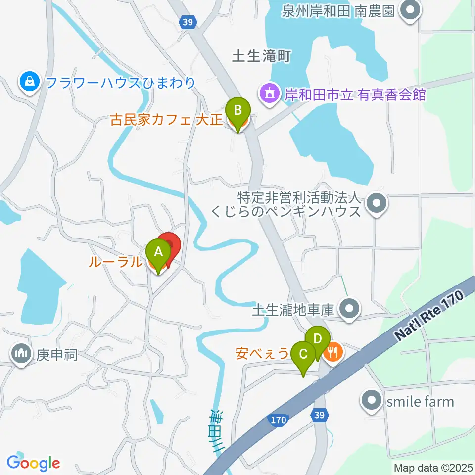 岸和田 むくの木ホール周辺のカフェ一覧地図