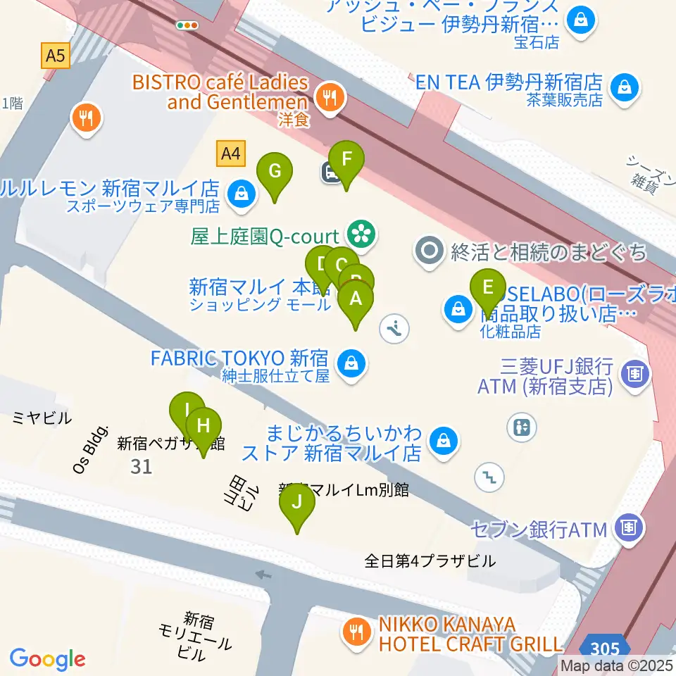 HMV record shop 新宿周辺のカフェ一覧地図