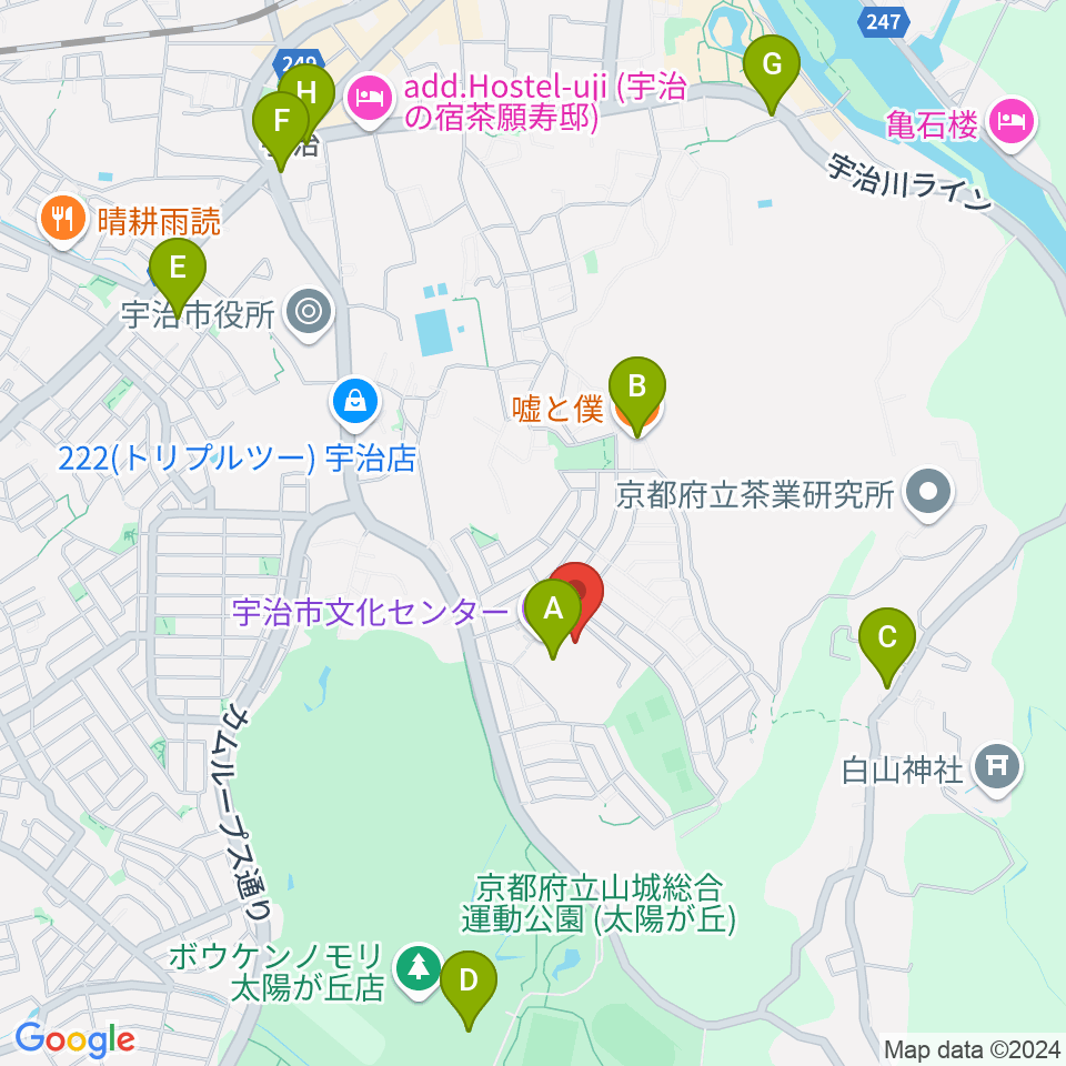 宇治市文化会館周辺のカフェ一覧地図