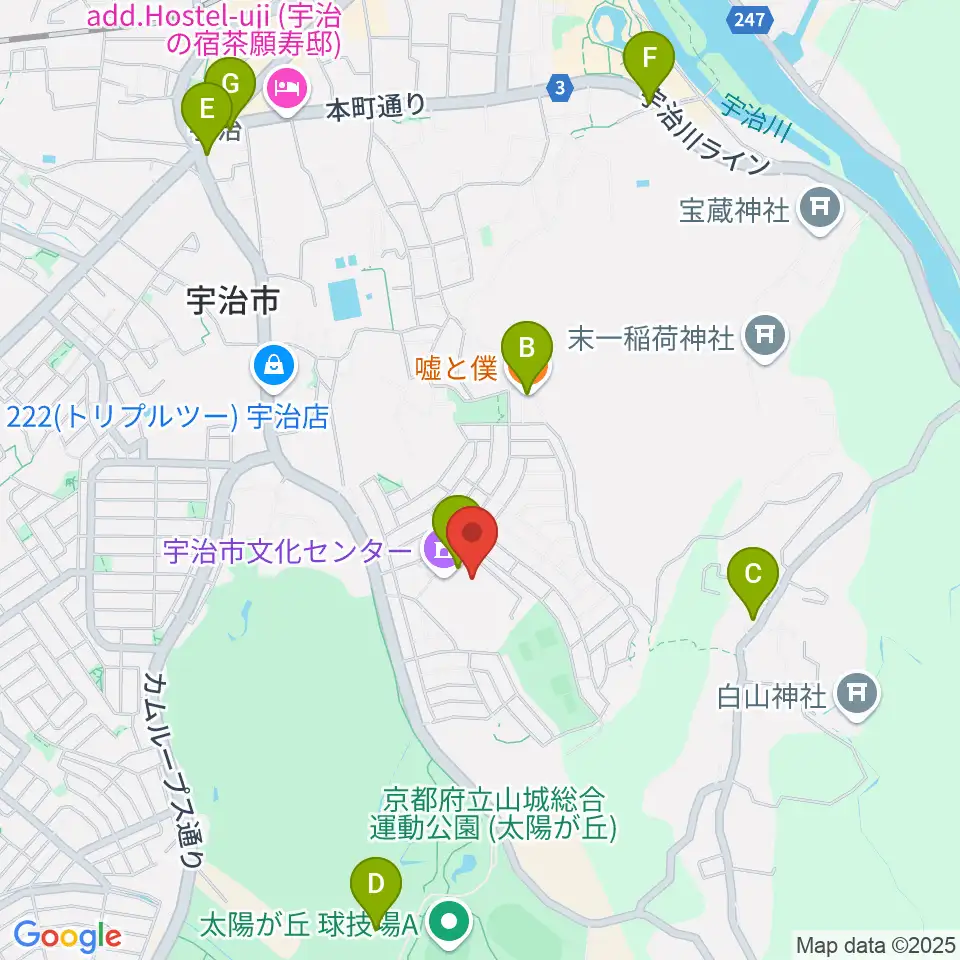 宇治市文化会館周辺のカフェ一覧地図