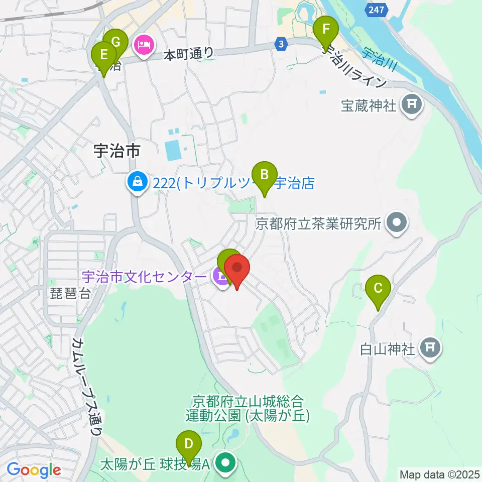 宇治市文化会館周辺のカフェ一覧地図
