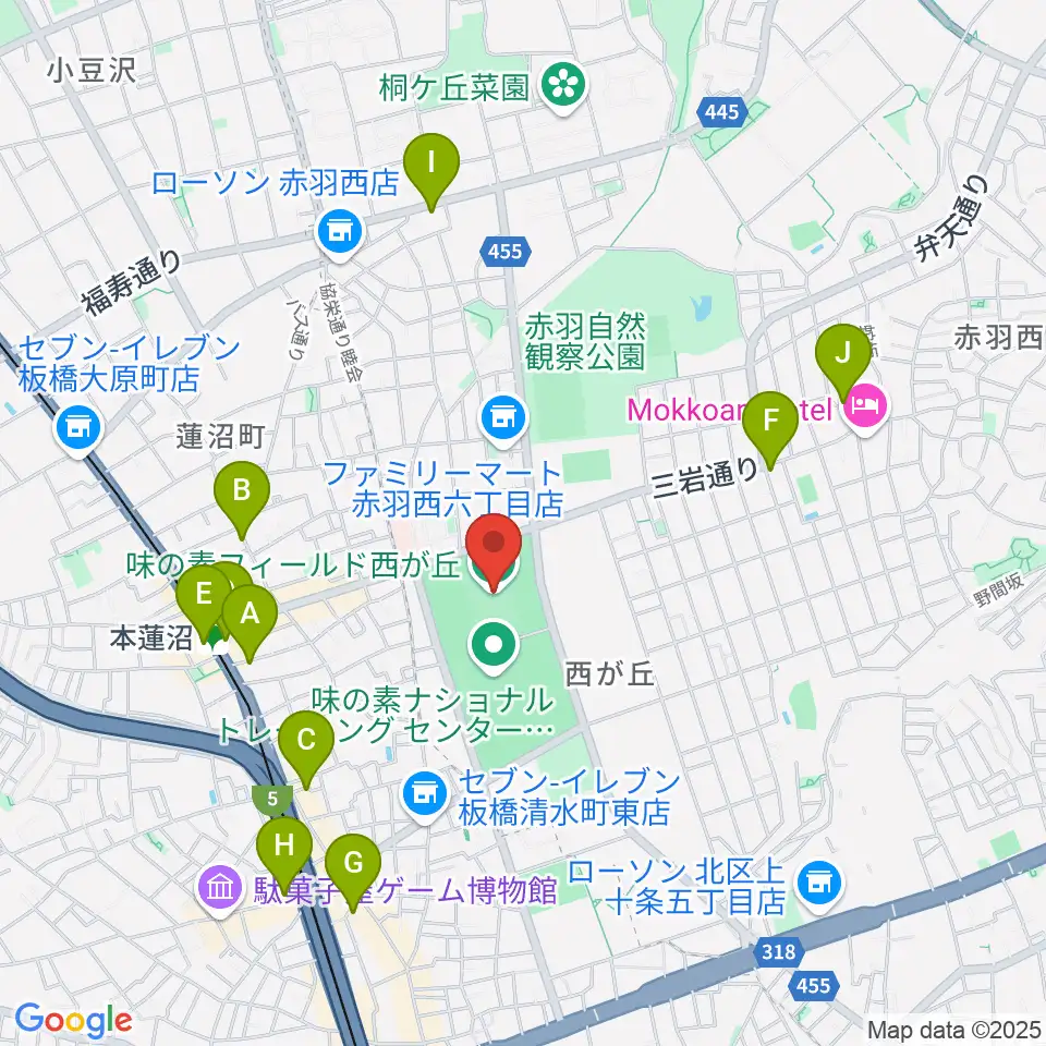 味の素フィールド西が丘周辺のカフェ一覧地図