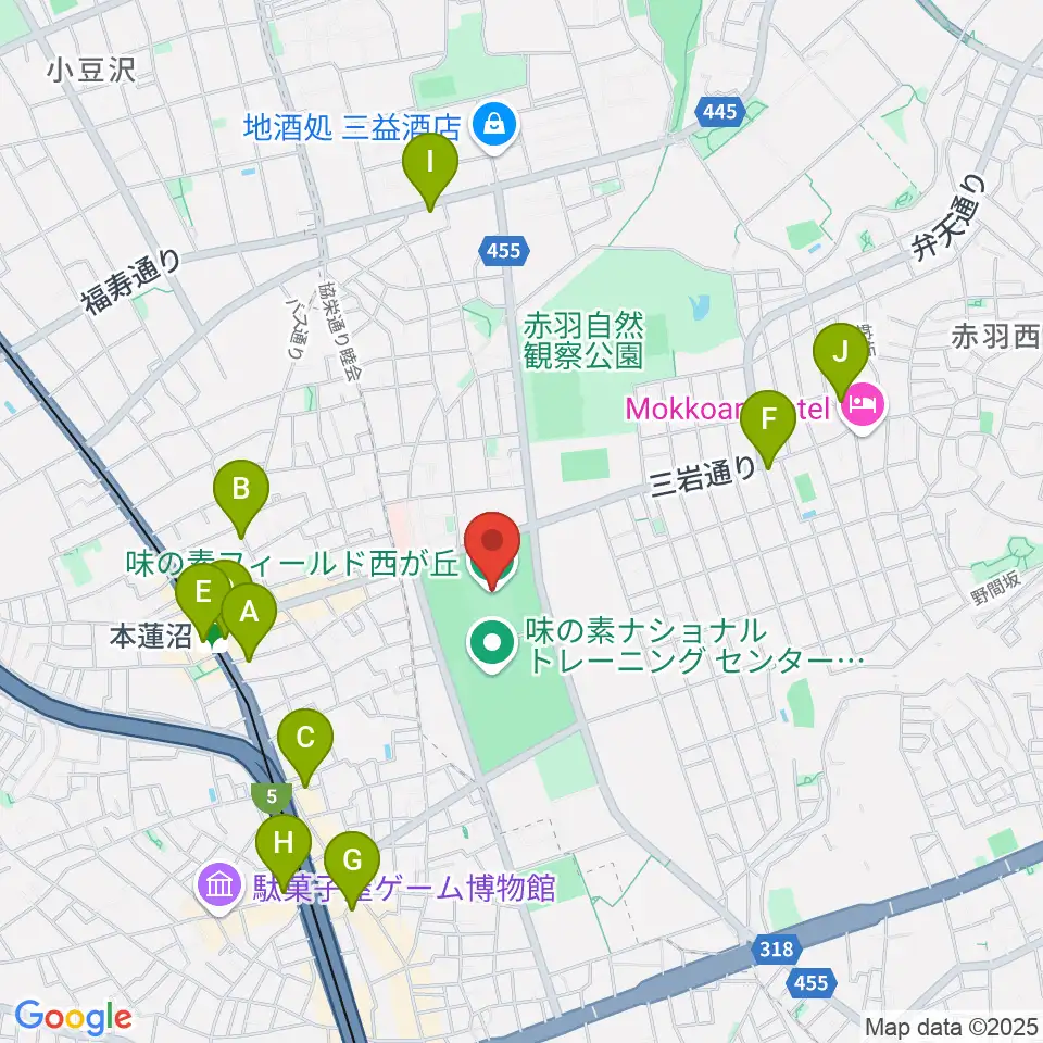 味の素フィールド西が丘周辺のカフェ一覧地図