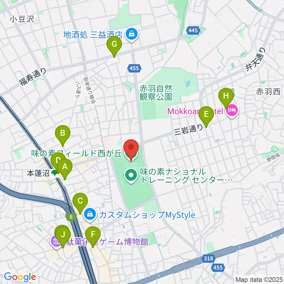 味の素フィールド西が丘周辺のカフェ一覧地図