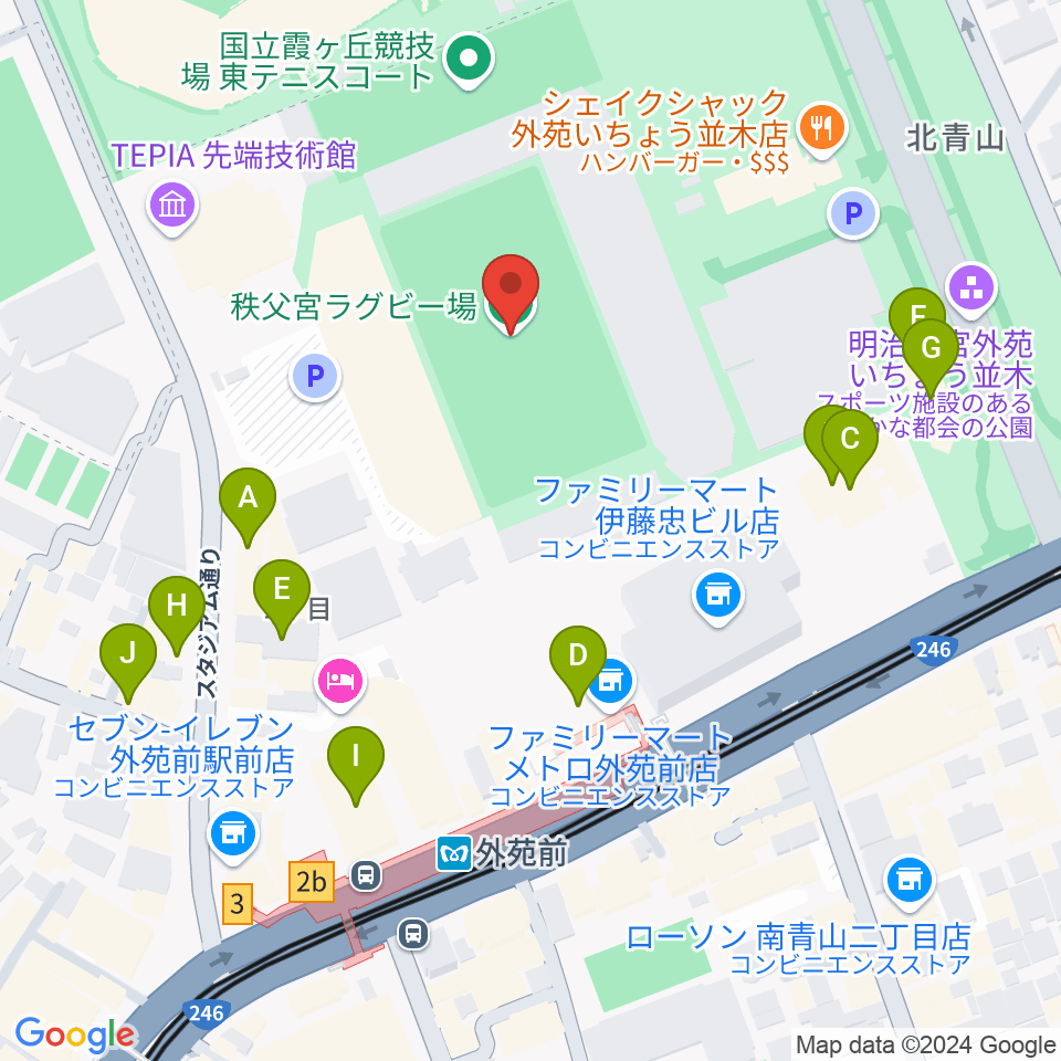 秩父宮ラグビー場周辺のカフェ一覧地図