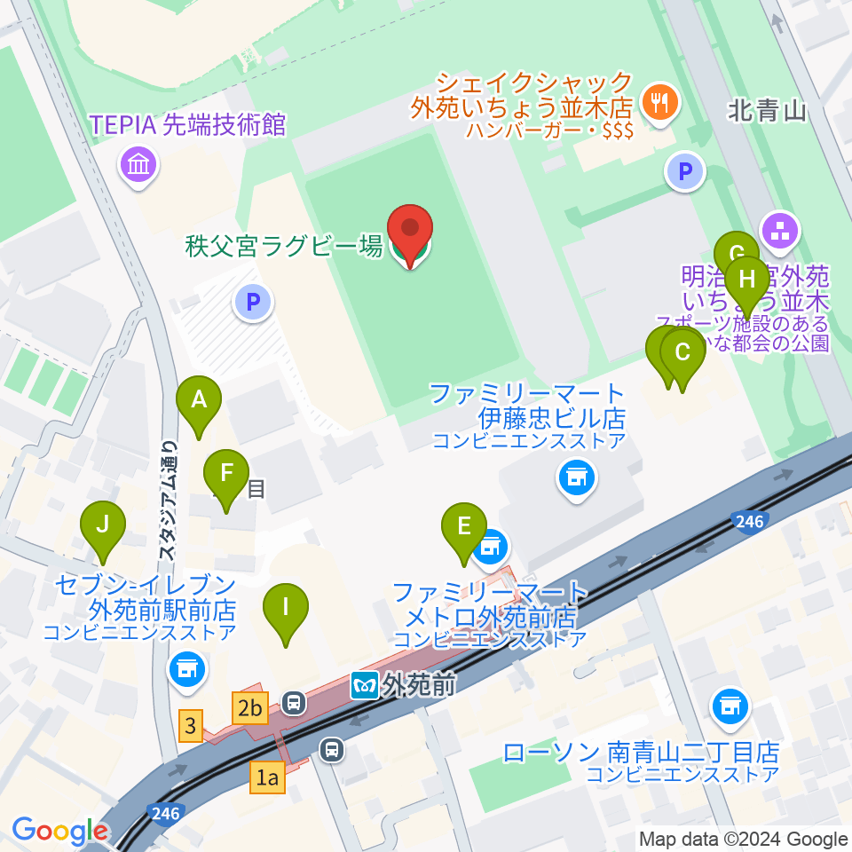 秩父宮ラグビー場周辺のカフェ一覧地図