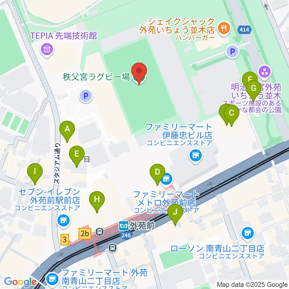 秩父宮ラグビー場周辺のカフェ一覧地図