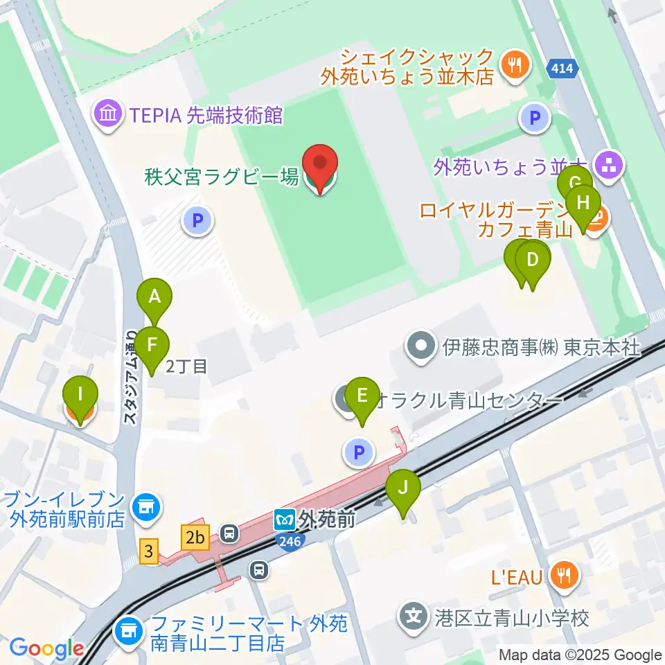 秩父宮ラグビー場周辺のカフェ一覧地図