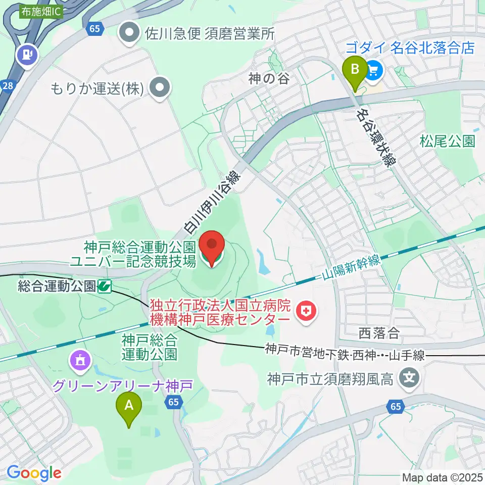 神戸総合運動公園ユニバー記念競技場周辺のカフェ一覧地図