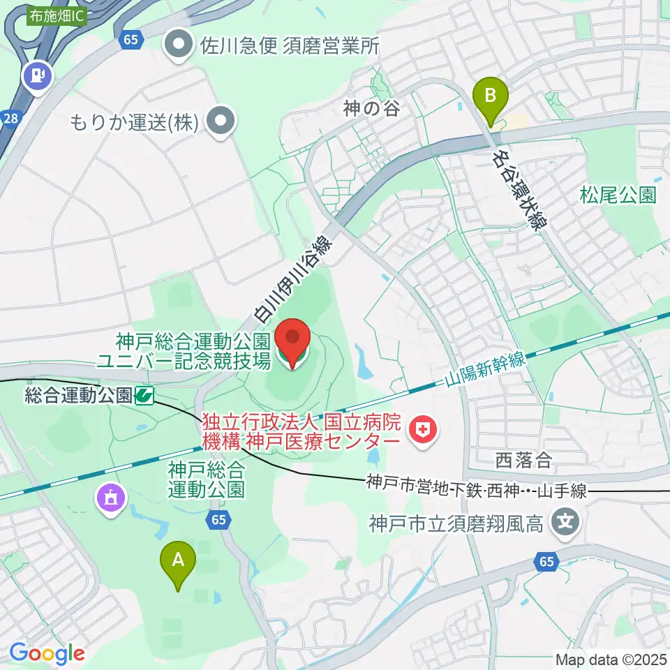 神戸総合運動公園ユニバー記念競技場周辺のカフェ一覧地図
