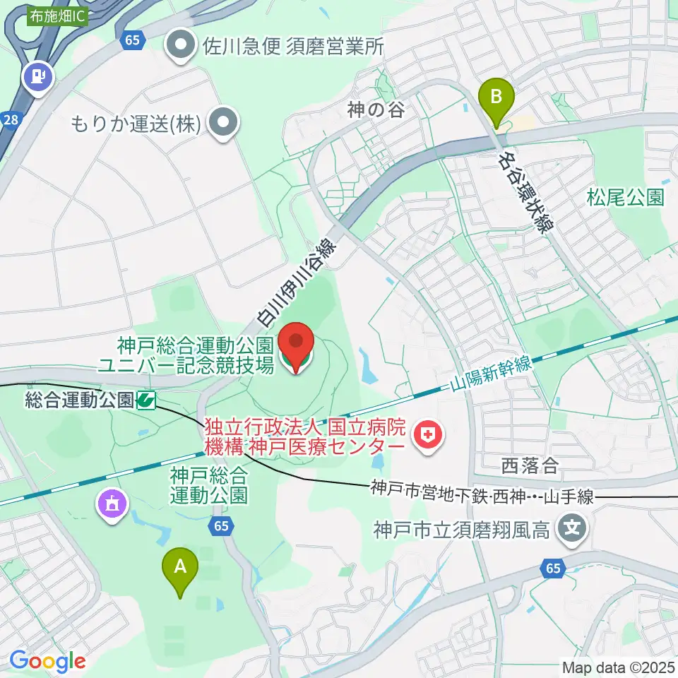 神戸総合運動公園ユニバー記念競技場周辺のカフェ一覧地図