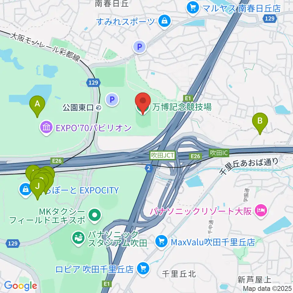 万博記念競技場周辺のカフェ一覧地図