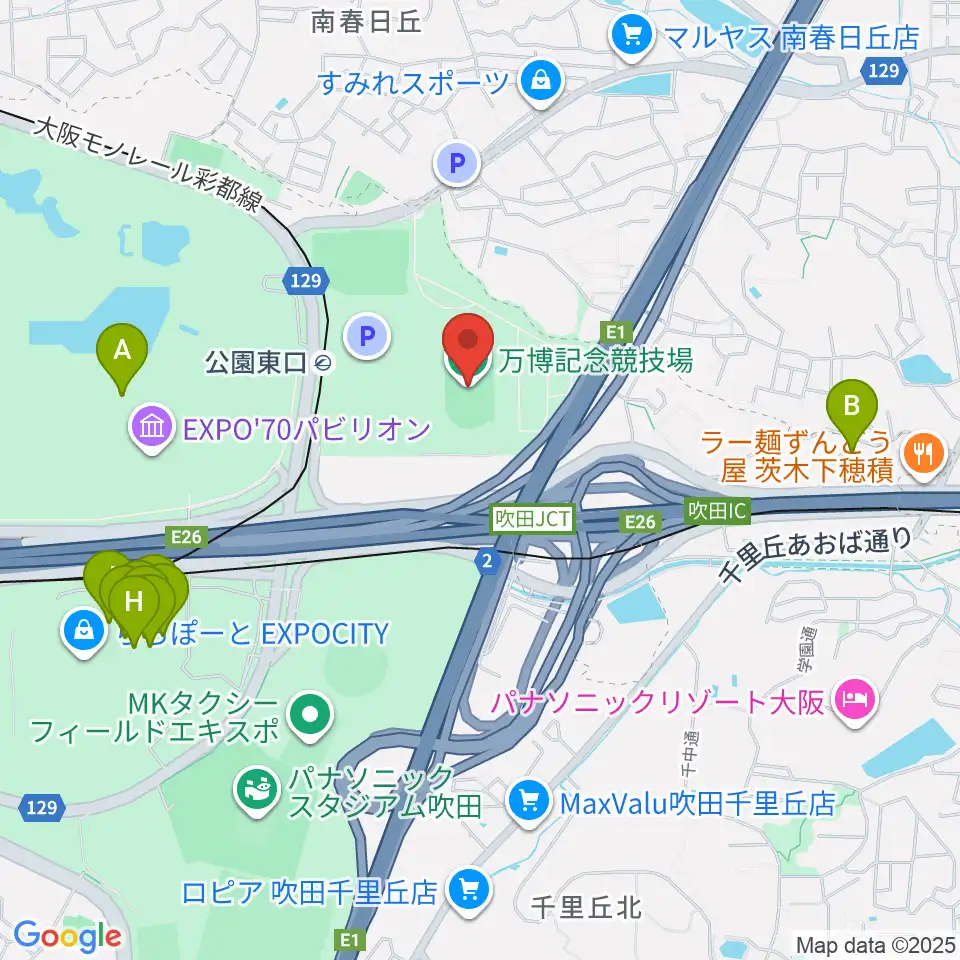 万博記念競技場周辺のカフェ一覧地図