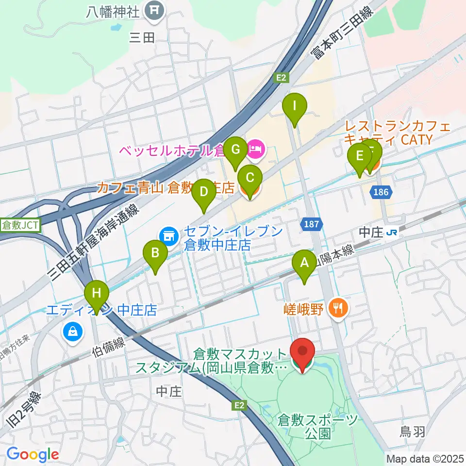 倉敷マスカットスタジアム周辺のカフェ一覧地図