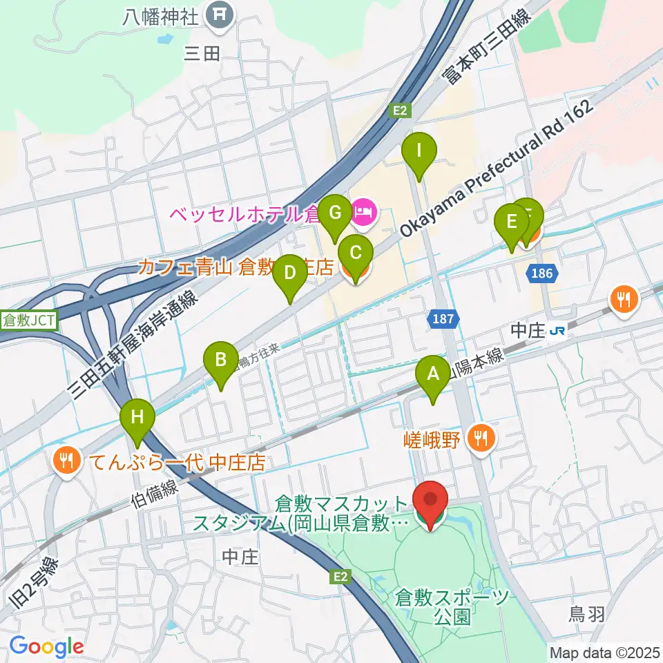 倉敷マスカットスタジアム周辺のカフェ一覧地図