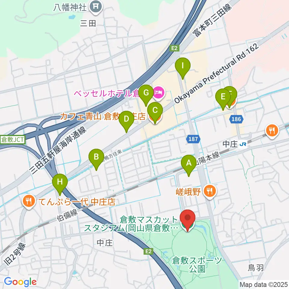 倉敷マスカットスタジアム周辺のカフェ一覧地図