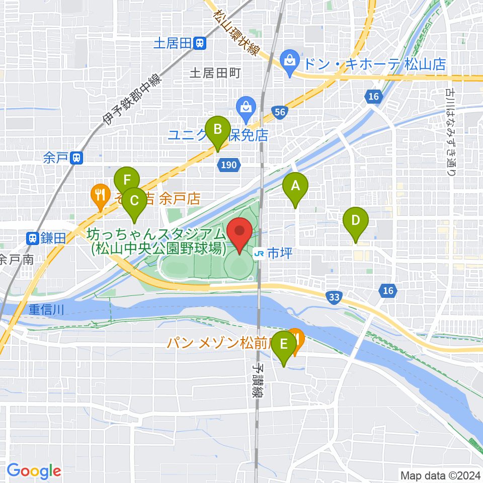 坊っちゃんスタジアム周辺のカフェ一覧地図