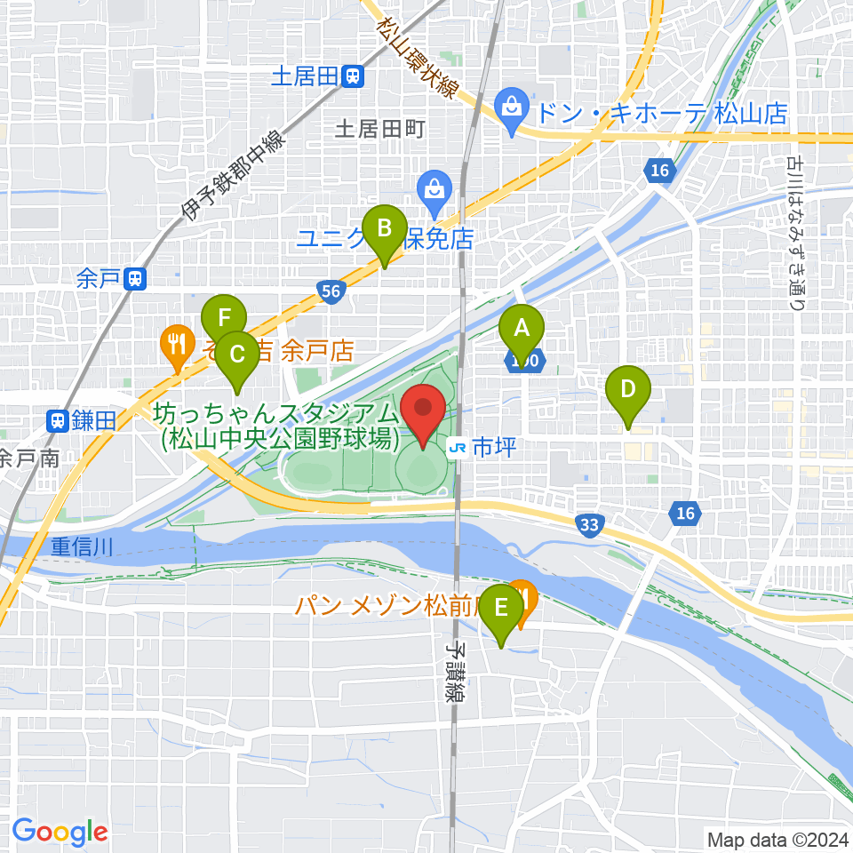 坊っちゃんスタジアム周辺のカフェ一覧地図