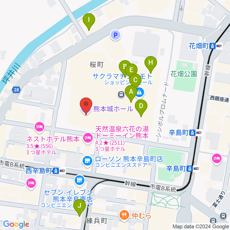 熊本城ホール周辺のカフェ一覧地図