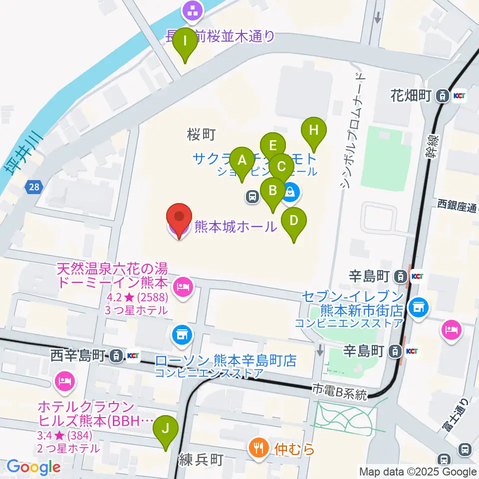 熊本城ホール周辺のカフェ一覧地図