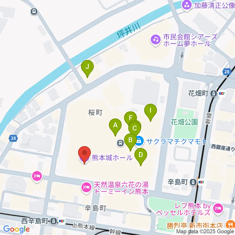 熊本城ホール周辺のカフェ一覧地図