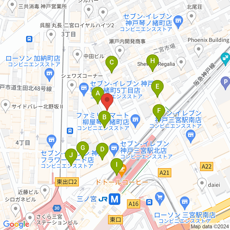 神戸三宮シアター・エートー周辺のカフェ一覧地図